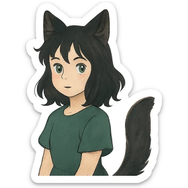 a girl with black fox ears and a tail, green eyes, dark hair sticker