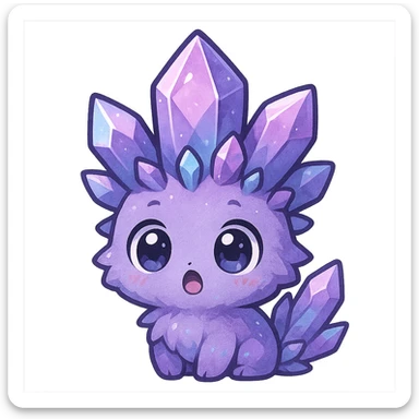 kawaii chibi style crystal sprite creature in purple, blue, and pink with a surprised expression and wide eyes sticker