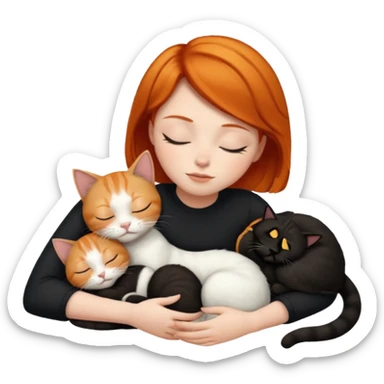 Ginger Girl short hair sleeping with two cats a black and a white bigger cat  sticker