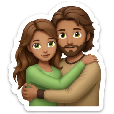 a man with  brown hair and brown beard with hazel eyes and a girl with long brown wavy hair with green eyes, togheter, with neutral clothes, hugged each other sticker
