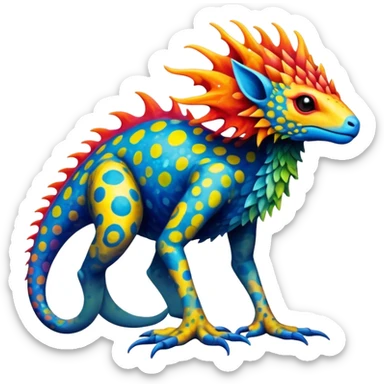 a colorful edgy vernid-fionbri-creature with splash patterns full body sticker