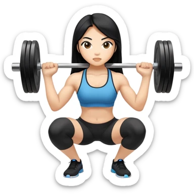 Asian girl with long black hair lifting weights and squatting  sticker