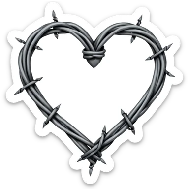 Minimal black line art heart made from barbed wire, hand-drawn sketch look, uneven ink strokes, 6–7 barbs with twisted knots, simple clean outline, centered on plain white background, high contrast sticker