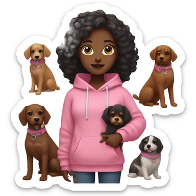 Black girl with long black hair in a pink hoodie holding a fluffy brown dog with a pink collar sticker