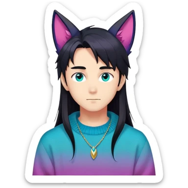 anime man with long-straight-dark-black hair, long black fox ears with pink Scapha, colorful-gradient-brown-turquoise eyes, gold earring, dark-blue-sweater, white pupils,  sticker