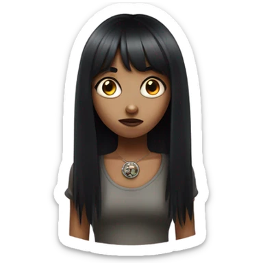 draw an emoji of a girl with long black hair down to her waist with bangs, a zombie-shaped nose ring sticker