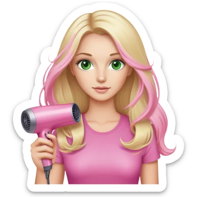 blonde with long hair, green eyes, holding pink Dyson hair dryer sticker