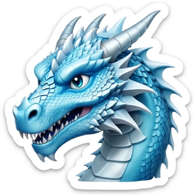 Cinematic Noble Fierce Ice Dragon Portrait Emoji, Poised and imposing, with a muscular, long elegant snout, scaled body shimmering in glacial hues of icy blue, frostbitten silver, and crystalline white, breathing out frost, with piercing, glowing eyes that radiate the chilling depths of an arctic storm; rendered in detail. sticker