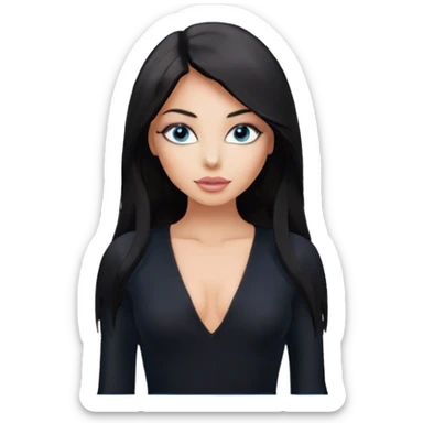 Glamours, tanned, beautiful, girl, with blue eyes, big pump peach-beige-rose lips, eyeliner, long lashes, black straight smooth silky long hair, parting hair in the middle,  in black v-neck bodysuit long sleeves sticker