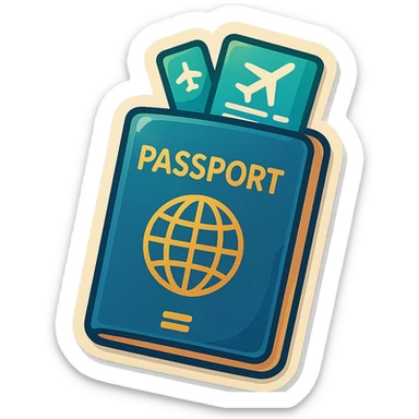 A juicy, vector-style illustration of a closed passport with a couple of airline tickets sticking out from the top. The style matches glossy lips: bold outlines, smooth rounded forms, expressive shadows and highlights, playful retro sticker vibe. sticker