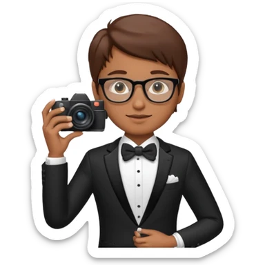 Un fotógrafo con pelo moreno, gafas, cámara en la mano derecha, fotografiando una boda sticker