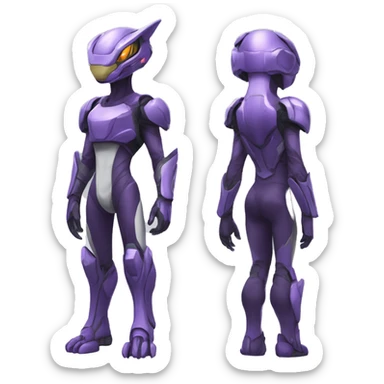 A Reptile-Raptor-Genesect-Mewtwo-Fakémon with a futuristic visor-helmet, wearing a techwear-suit Full Body sticker