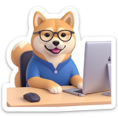 shiba inu with eye glasses and computer sticker