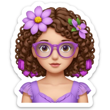 Menina branca de cabelo cachado castanho partido de lado com uma flor no cabelo  e vestido lilás com um óculos rosa claro sticker