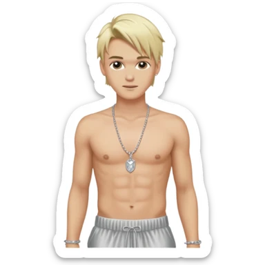 Aaron Carter with blonde hair, silver silk baggy pants, shirtless with necklace  sticker