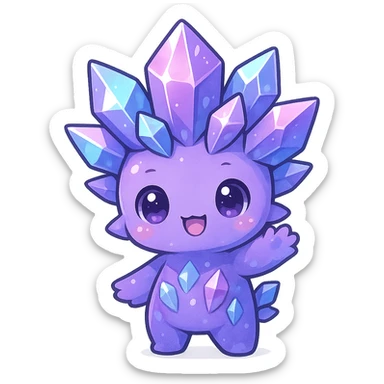 kawaii chibi style crystal sprite creature, purple, blue, and pink, waving pose, shiny crystals sticker