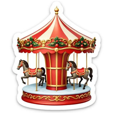 Apple iOS style 3D emoji icon of a vintage Moscow Christmas carousel.
Round ornate roof with red and gold patterns, miniature horses, decorated with glowing warm light garlands and light dusting of snow. Smooth glossy plastic texture, high-end 3D render, vibrant festive colors, resolution. sticker