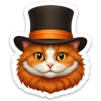 bright orange, black, and brown fluffy cat wearing a brown tophat sticker