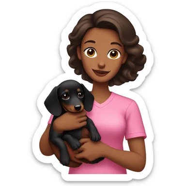 a brunette woman in a pink shirt, with light skin, holding black dachshund puppy in her arms lovingly sticker
