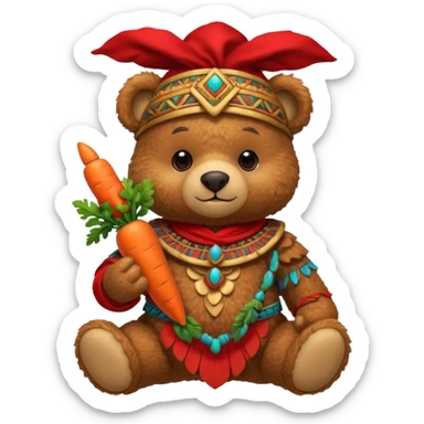 teddy bear Upper eat carrot , wearing red mayan ancient custome, half body sticker