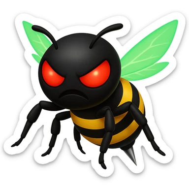 Create a menacing robotic bee with a black head and a syringe stinger, featuring green glowing energy wings. The style should resemble apple style emojis with concise details and vibrant colors. sticker