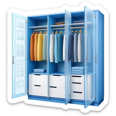 Icon for Furniture Design: a semi-transparent 3D wardrobe on top of a blueprint, with design metrics and measurements around it. The icon should represent the design and development process of furniture. Transparent background. sticker