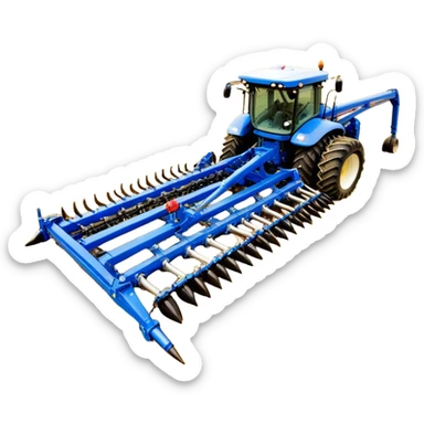 Bourgault 3420 Paralink Hoe Drill (2022) – Cinematic-realistic Bourgault 3420 Paralink Hoe Drill, its massive blue frame stretching across the vast fields. The powerful machine plants seeds with pinpoint accuracy as the sun rises over the horizon, golden dust swirling in the crisp morning air. sticker