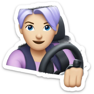 navy blue convertible Mini Cooper, with short, lilac colored haired, blue eyed white woman driving sticker
