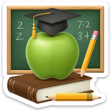 An icon featuring a chalkboard with educational equations, an apple, and a pencil, symbolizing pedagogy. The design includes a stack of books and a graduation cap, representing teaching and learning. Transparent background highlights the dedication to education and mentorship. sticker