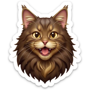 Cinematic Cute Dark Brown Maine Coon Cat Portrait Emoji, Head tilted playfully and yawning, sleek deep brown and gold tones with subtle hints of black, Simplified yet adorable features, highly detailed, glowing with a warm, friendly glow, high shine, curious and affectionate, stylized with a touch of whimsy, bright and alert, soft glowing outline, capturing the essence of a mischievous yet loving kitten, so endearing it feels like it could leap out of the screen and stretch with its fluffy tail swishing! sticker