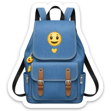 An emoji-style blue denim backpack with a flap top and one small buckle straps attached only on the flap, not connected to the front panel. No front pockets or vertical straps below the flap. Clean and minimal design with two side pockets. 



 sticker