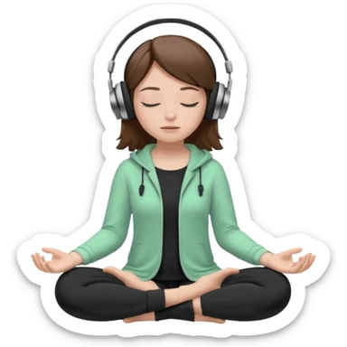 White girl, brown hair meditating with headphones on and black and pastel green clothes, eyes closed sticker