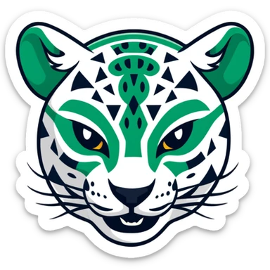 Ancient Egyptian style profile of jaguar with strict geometric lines, flat hieroglyphic style, only white and deep dark green, no curved lines, angular shapes only sticker
