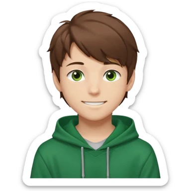 the face of an Anime teen boy with brown hair, green eyes, looking smiling slightly sideways positioned. Face must be main filling of the emoji. A little piece of hoodie can be visible. 128px sticker