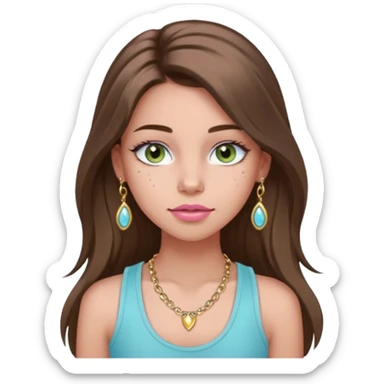 Create a teen girl wearing a light blue tank top. She will have long brunette hair, tan skin, pink lips, and grey-green eyes. She has long eyelashes. She also has light freckles and is wearing tiny gold jewelry sticker
