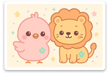a cute pink chick and a lion together, original design, big eyes, blushing cheeks, joyful, the chick and the lion are friends, standing side by side sticker