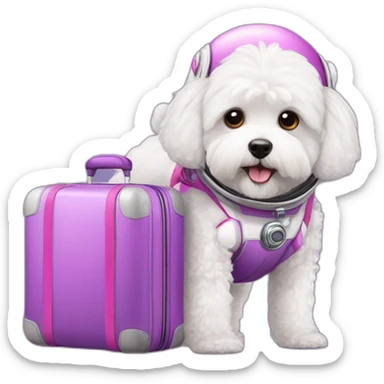 a white maltipoo as purple astronaut with a pink luggage sticker
