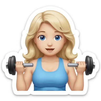 Kawaii emoji girl with big  blue glossy eyes, long wavy dirty blonde hair, happy expression, holding a dumbell, chubby cheeks, soft pastel colors, cozy and sweet aesthetic, clean background. sticker
