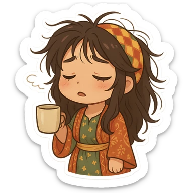 Kurdish man or woman in jamadani, cartoon style, sleepy or tired, messy hair, holding a cup, longing expression, no text sticker
