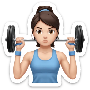 brunette woman in light blue gym clothes lifting a barbell, determined expression, clean background sticker