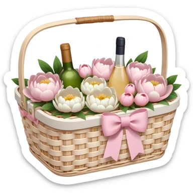 White Picnic basket with light pink bow and white peonies inside sticker