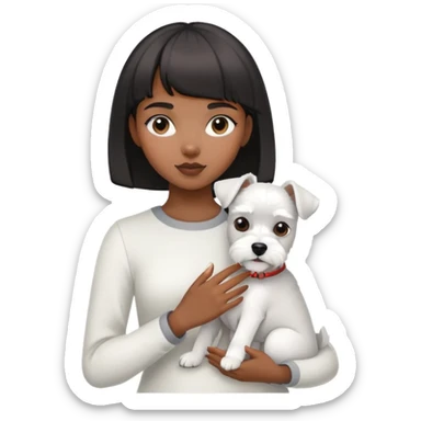 Black girl with short bangs holding a white schnauzer dog sticker