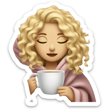 Blonde  hair curly girl inside a blanket sipping coffee eyes closed sticker