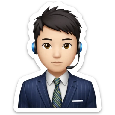 30 years old full kind of chubby face, very asian, short dark hair styled upward with a spiked swoop in front, a clean-shaven face, focused eyes, and a slim headset over one ear, wearing a dark pinstripe suit with a patterned dress shirt and a bright solid-colored tie visible from the chest up. sticker