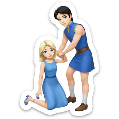 prince, upright, black Hair, blue eyes, blue garment,  Woman, blonde Hair, Green eyes, bending knee, sleveless, white Dress, sticker