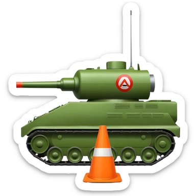 green military tank rolling over a traffic cone with a sad face, the cone is underneath the tank's treads, emoji style sticker