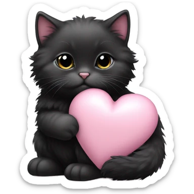black fluffy fat kitten holding pale pink heart sticker