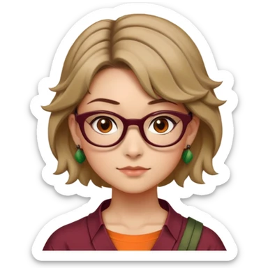 A girl with very short hair not with a helmet but short like Rapunzel from brown and wavy dark blonde with brown eyes and light complexion burgundy glasses and an orange shirt with the ninja turtle drawn orange and has earrings like those of Tanjiro Kamado sticker