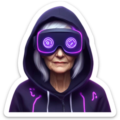 Russian old woman wearing a black hoodie with "OMG" letters on it and VR headset in a cyberpunk VR environment with violet neon lighting. sticker