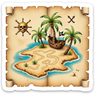 A detailed pirate treasure map with dotted paths, palm trees, and X marks the spot sticker